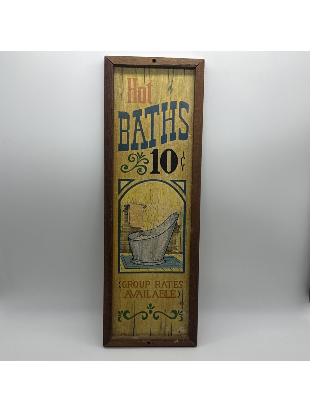Vintage 1973 Wallace Berrie Hot Baths 10 Cent Wood Wall Plaque Sign 70s